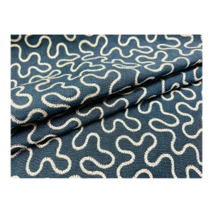 Schumacher Meander Embroidery Indigo Navy Blue Beige Abstract Linen Blend Fabric