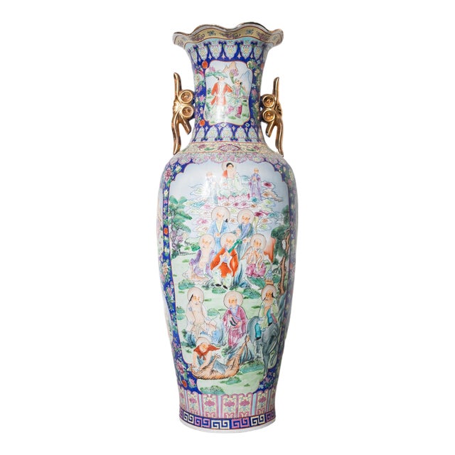 Large Chinese Polychrome Famille Rose Porcelain Vase with Hunting Scene, 1960s For Sale