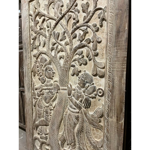 Brown Hand-Carved Radha Krishna Barn Door – Vintage Indian Wall Art With Boho Elegance 84x41 For Sale - Image 8 of 9