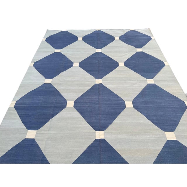 Light Gray Handmade Cotton Natural Vegetable Dyed Reversible Gray Blue Tile Pattern Rug Dhurrie - 8'x10' For Sale - Image 8 of 11