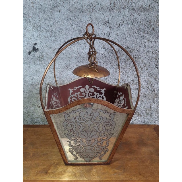 Baroque Hanging Lantern in Acid-Etched Glass and Bordeaux Sheet Metal, 1890s For Sale - Image 5 of 7