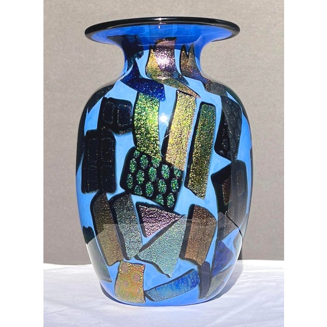 Mad Art Studio Handblown Azure Blue & Dichroic Mosaic Vase For Sale - Image 9 of 12