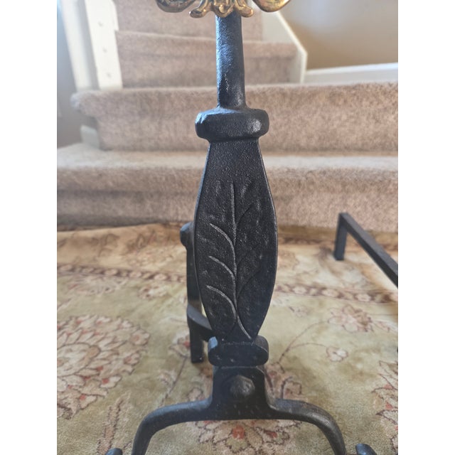 Vintage Virginia Metal-Crafters Iron With Brass Medallions Andirons - A Pair For Sale - Image 9 of 9