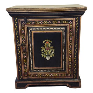 Vintage Asian-Style Black Lacquer Cabinet / Nightstand, Hand-Painted Floral Motifs For Sale