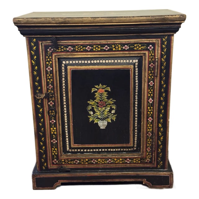 Vintage Asian-Style Black Lacquer Cabinet / Nightstand, Hand-Painted Floral Motifs For Sale