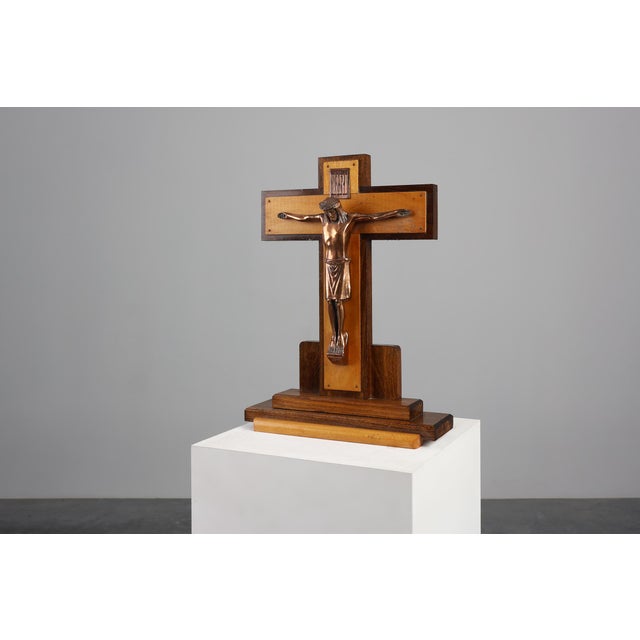 Belgian Crucifix in Oak and Copper, 1920 For Sale - Image 3 of 13