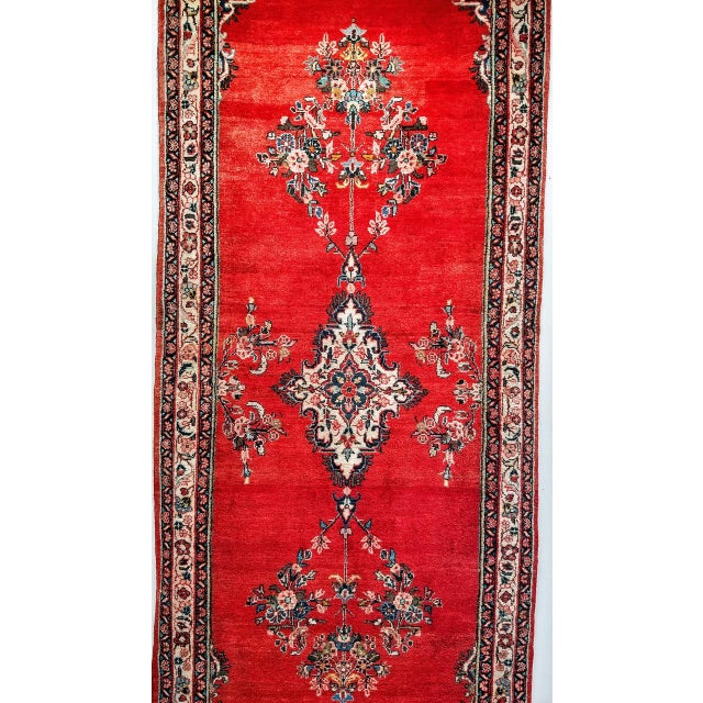 Vintage Persian Hamadan Wide Runner, Hand-Knotted Wool, Open Field Geometric Pattern, Red & Ivory. 4x10 For Sale - Image 13 of 18
