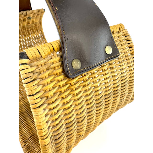 1960s Mid-Century Rattan Firewood Log Basket With Leather Handle For Sale - Image 10 of 14