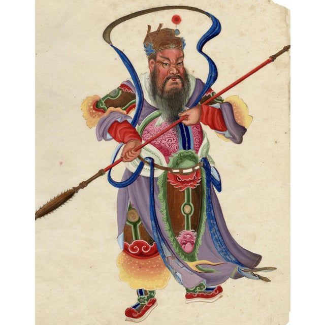 Canton School Artist, Taoist Warrior Deity Guan Yu, 18th Century, Gouache Painting For Sale