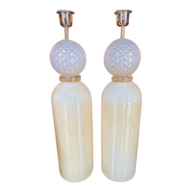 Modern Murano Ivory Glass Cone Form Lamps - Pair For Sale