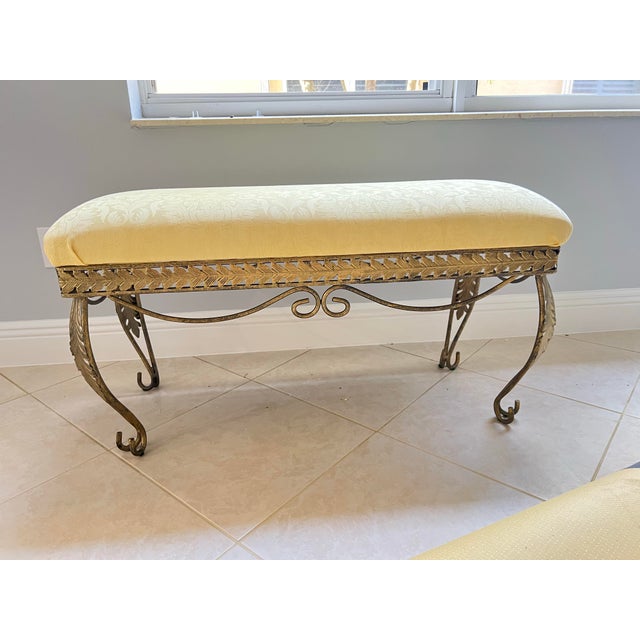 Metal Vintage Metal Base Bench Yellow Damask Fabric Seat For Sale - Image 7 of 9