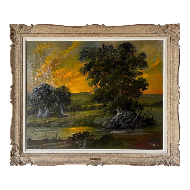 1970’s French M. Roche “La Tombée Du Jour” Oil on Canvas Landscape Painting, Framed For Sale