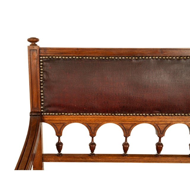 Antique Renaissance Revival Carved Walnut & Leather Hall Window Bench Italy 1880 For Sale - Image 11 of 15