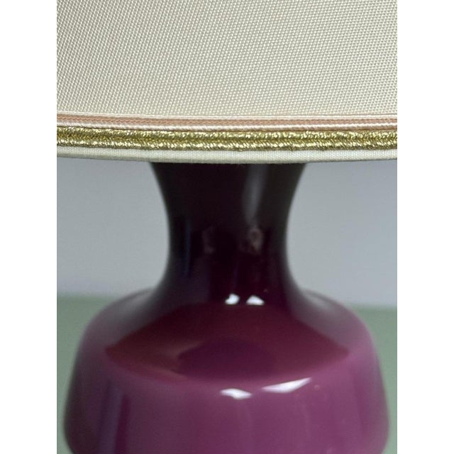 Metal Mid-Century Purple Opaline Glass Table Lamp with Cream Lampshade from Glasfabriek De Rupel, Belgium, 1960s For Sale - Image 7 of 14