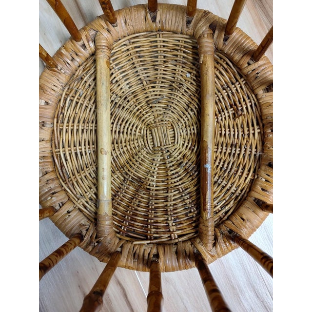 Brown Vintage Scorched Bamboo Stool With Woven Wicker Top For Sale - Image 8 of 8