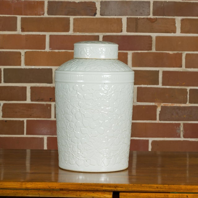 White White Porcelain Asian Lidded Jar with Scrolling Foliage Motifs For Sale - Image 8 of 12