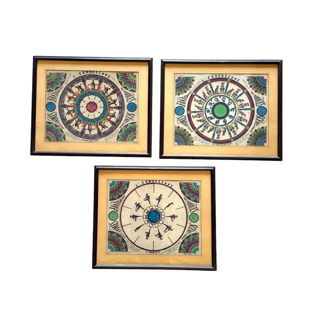 Late 19th Century L'Ekonoscope, Set of 3 Framed Original Phenakistoscopes, France Epinal, XIX Cent. For Sale - Image 6 of 12