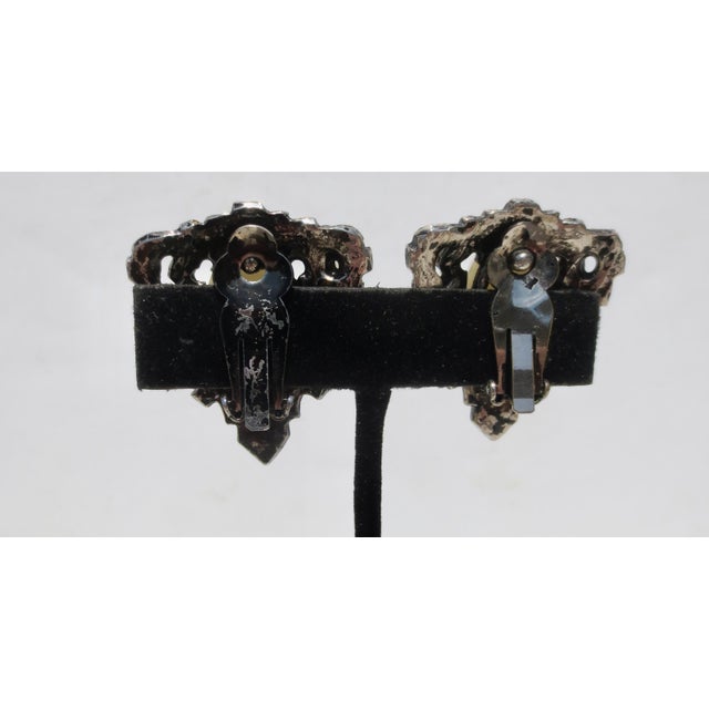 Rhinestone and Faux Pearl Blackened Clip-on Earrings For Sale - Image 4 of 5