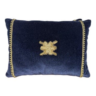 Pair of Custom Navy Velvet Pillows With 19th-Century Gold Metallic Appliqués For Sale