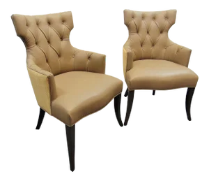 Modern Design Tufted Leather & Raffia Chairs - a Pair