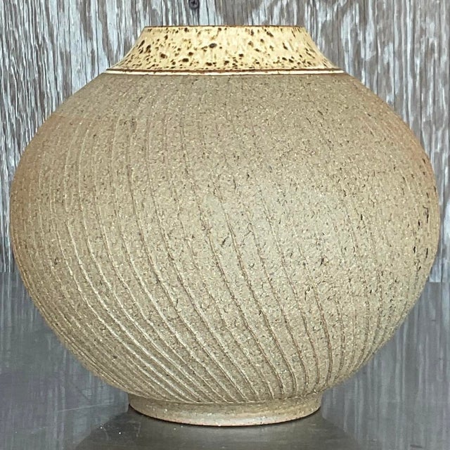 Vintage Boho Scored Studio Pottery Vase For Sale - Image 12 of 12