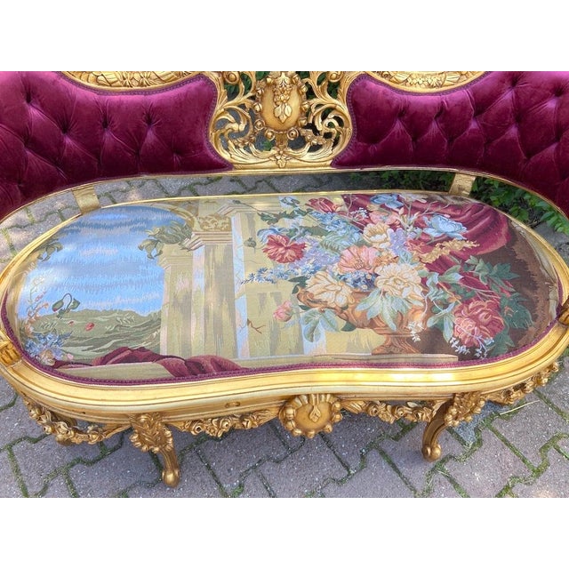 French 1950s French Louis XVI Gold Beech Velvet Settee For Sale - Image 3 of 13