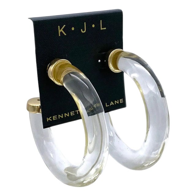 KJL 2.5" Clear Lucite Hoop Earrings With Gold Plate Caps For Sale