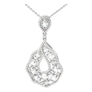 14k White Gold Topaz Diamond Drop Pendant Necklace For Sale