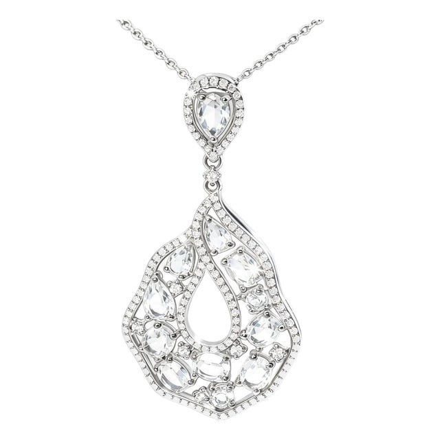 14k White Gold Topaz Diamond Drop Pendant Necklace For Sale