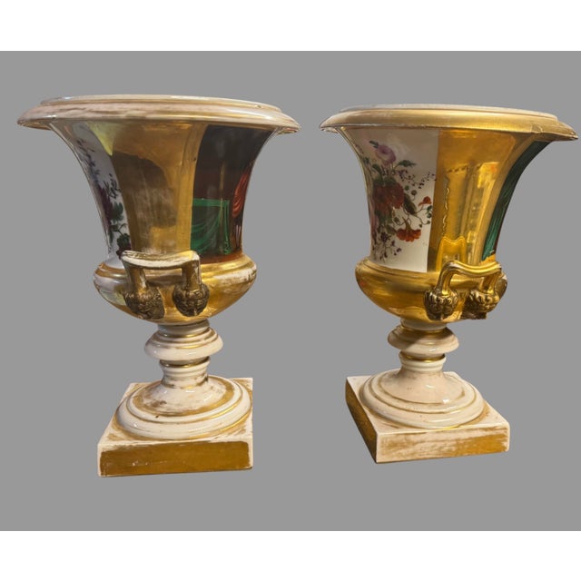 Antique Old Paris Porcelain Pair Urn Cachepots Hand Painted Figural Floral Gilt For Sale - Image 4 of 9