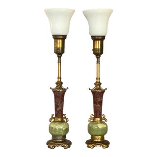 1940s Chinoiserie Table Lamps Featuring Onyx and Marble, Gilded Metal Fittings - a Pair For Sale