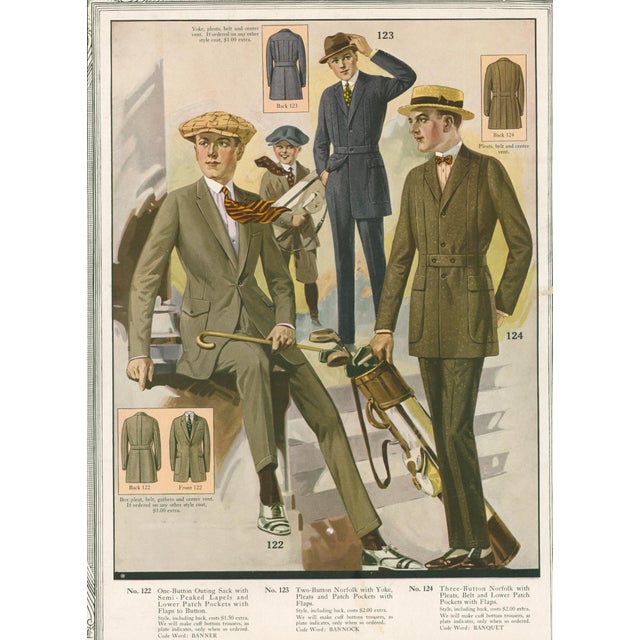 Original vintage fashion advertising plate from The Royal Tailors, 'In 10,000 Cities.' Features Nos. 122–124, including an...