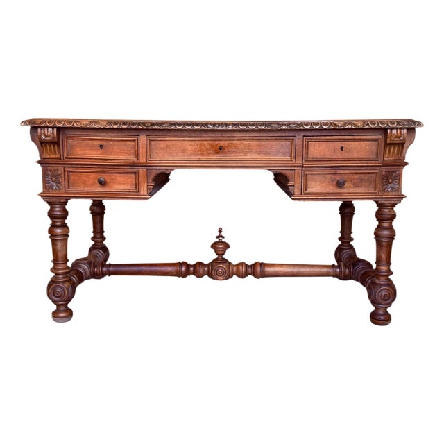 19th Century Spanish Two Faces Baroque Style Oak Library Table or Desk For Sale