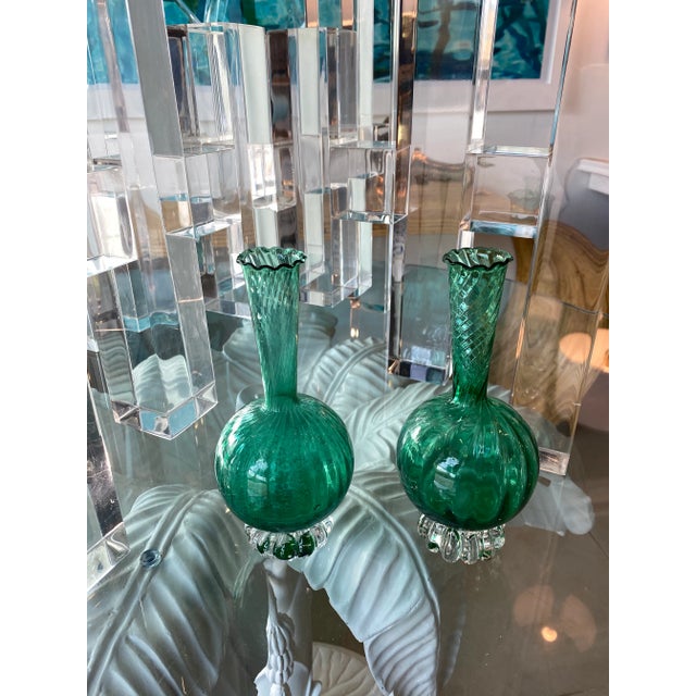 Vintage Murano Emerald Glass Bud Vases -A Pair For Sale - Image 11 of 13