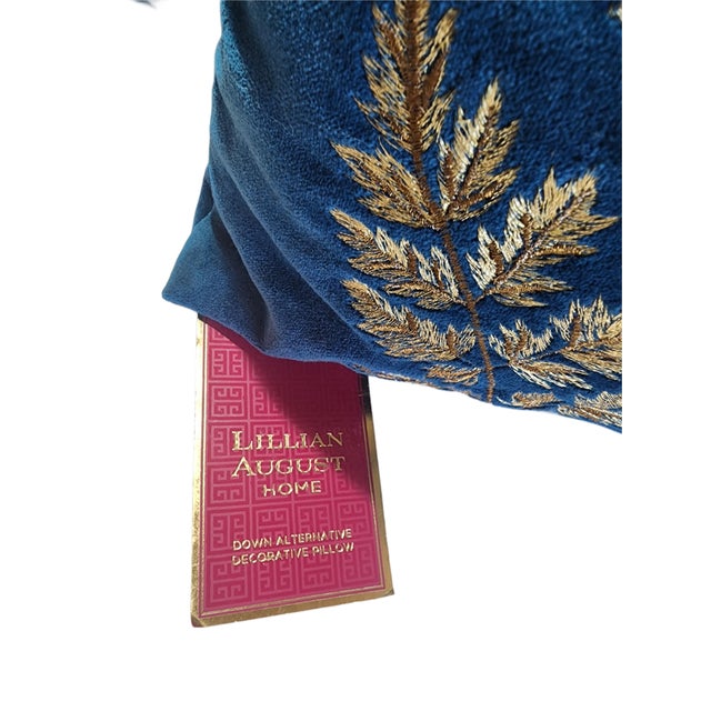 2010s Lillian August Midnight Sapphire Velvet Lumbar Pillow With Gold Embroidery For Sale - Image 5 of 11