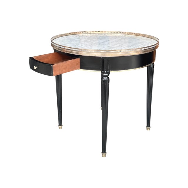 French 1920s French Louis XVI Parlor Table With Carrara Marble & Brass Gallery For Sale - Image 3 of 12