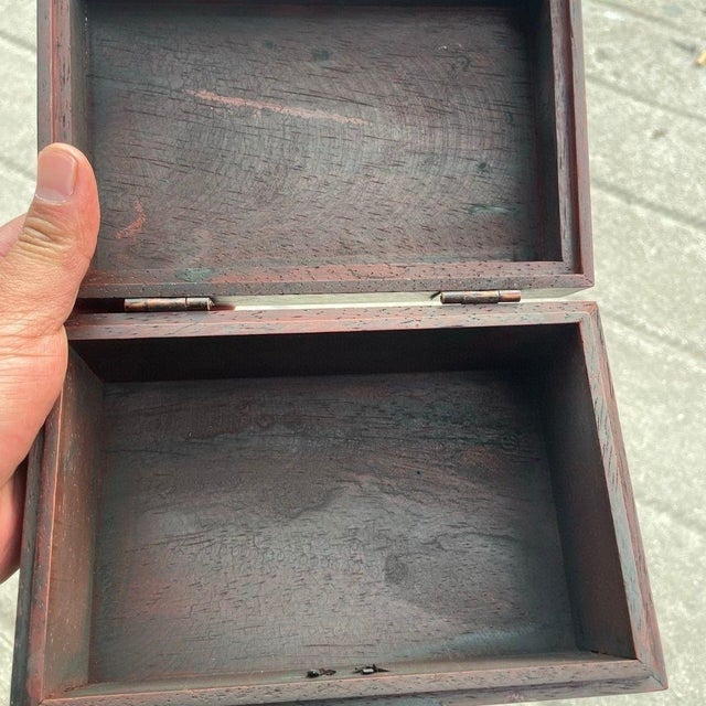 Wood Vintage Chinese Carved Rosewood Box With Stone Inlays & Lotus Fish Motif - Jewelry/Keepsake Box For Sale - Image 7 of 9