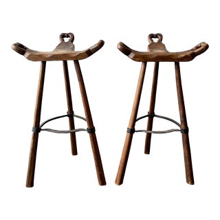 1970s Pair of Primitive Carved Wood “Birthing” Bar Stools For Sale