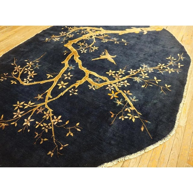 Textile 1920s Navy Blue Birds Flowers Art Deco Antique Oval Chinese Peking Wool Rug For Sale - Image 7 of 15