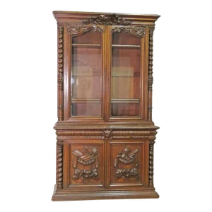 Solid Oak French Carved Two Piece China Cabinet Bookcase circa 1870s