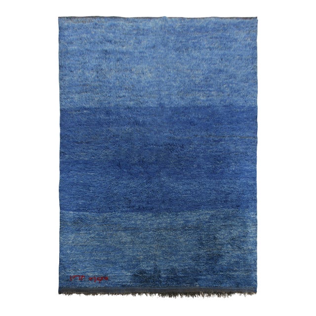 Hand-Knotted Vintage Solid Blue Moroccan Berber Rug For Sale
