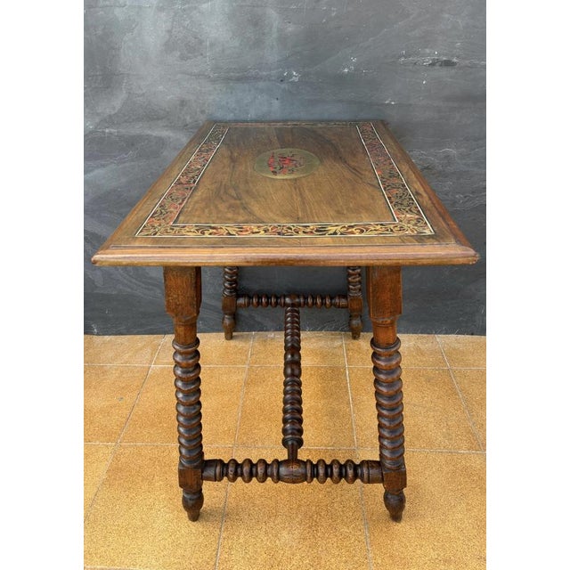 1920s 20th Century Spanish Barley Twist Table with Inlaid Marquetry Top, 1920 For Sale - Image 5 of 14