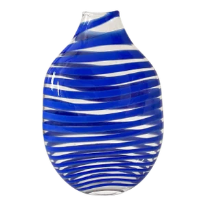 Vintage 1990s Studio Blown Glass Cobalt Blue and Clear Striped Vase