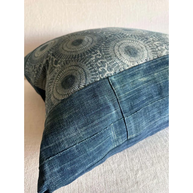 Batik Style Vintage Blue and Gray Floral Pattern Pillow For Sale - Image 4 of 8