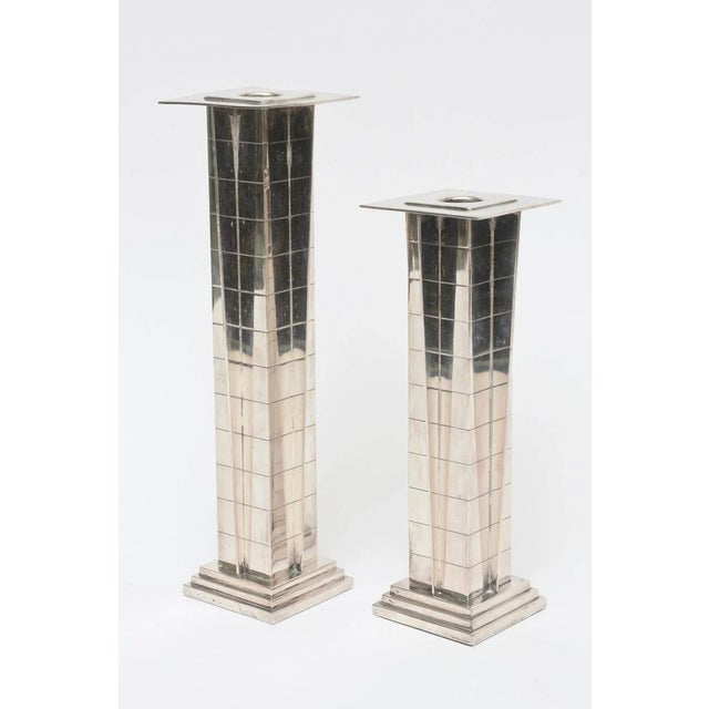 The two different sizes of these amazing and stunning period silver plate Art Deco style candlesticks have the squared...