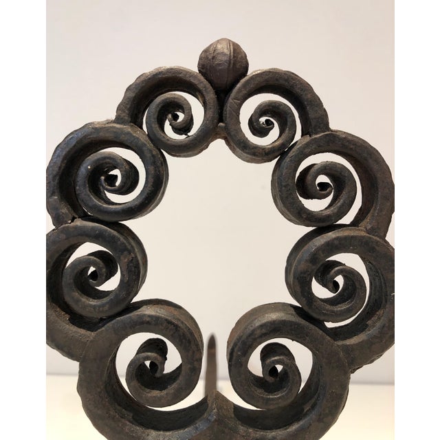 Metal 1900s Pair of wrought iron and hammer firedogs. Art Nouveau. Signed Wanner Genneva For Sale - Image 7 of 12