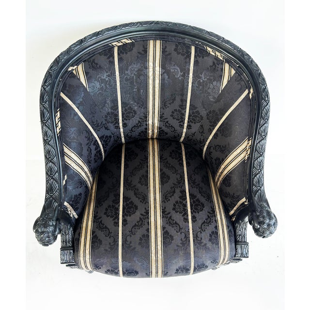 Vintage Ebonized Carved Ram's Head Bergère Chairs, Pair For Sale - Image 10 of 16