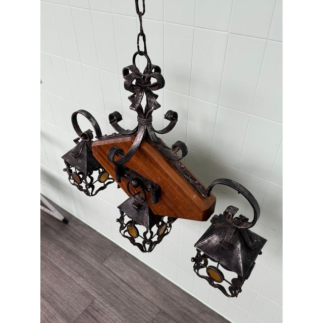 Vintage Brutalist 3-Light Lantern in Wood and Wrought Iron, 1970s For Sale - Image 17 of 18