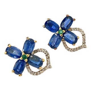 Bochic "Orient" Diamond, Emerald & Tanzanite Stud Earrings Set 18K Gold&Silver For Sale