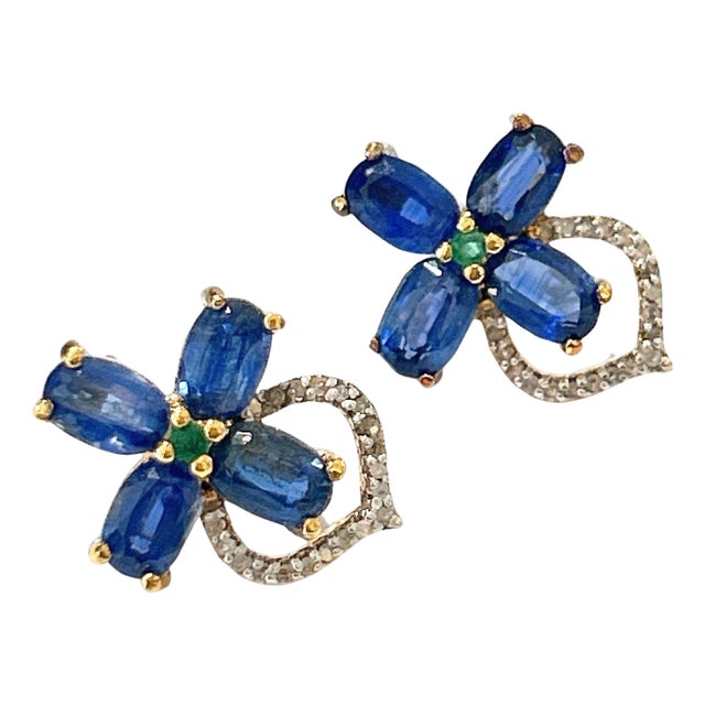 Bochic "Orient" Diamond, Emerald & Tanzanite Stud Earrings Set 18K Gold&Silver For Sale